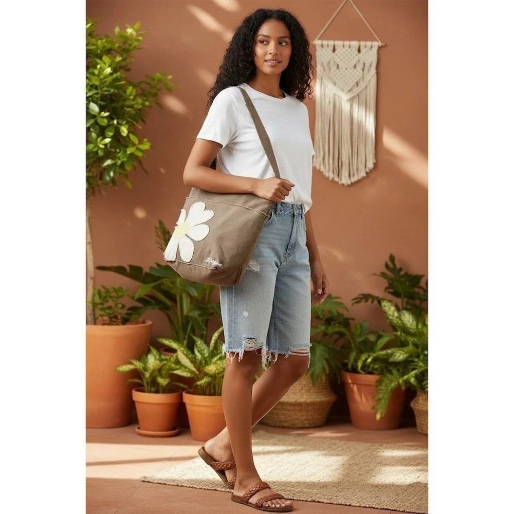Life is Good Tote Bag‎ Brown Medium Floral Daisy Applique Reusable Shopper boho
